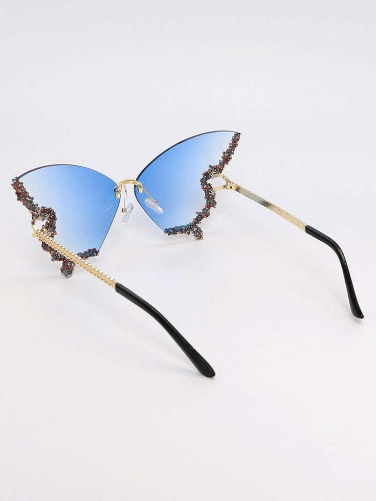 1pair Women Rhinestone Decor Butterfly Shaped Rimless Boho Fashion Glasses For Outdoor Travel - WorkPlayTravel Store
