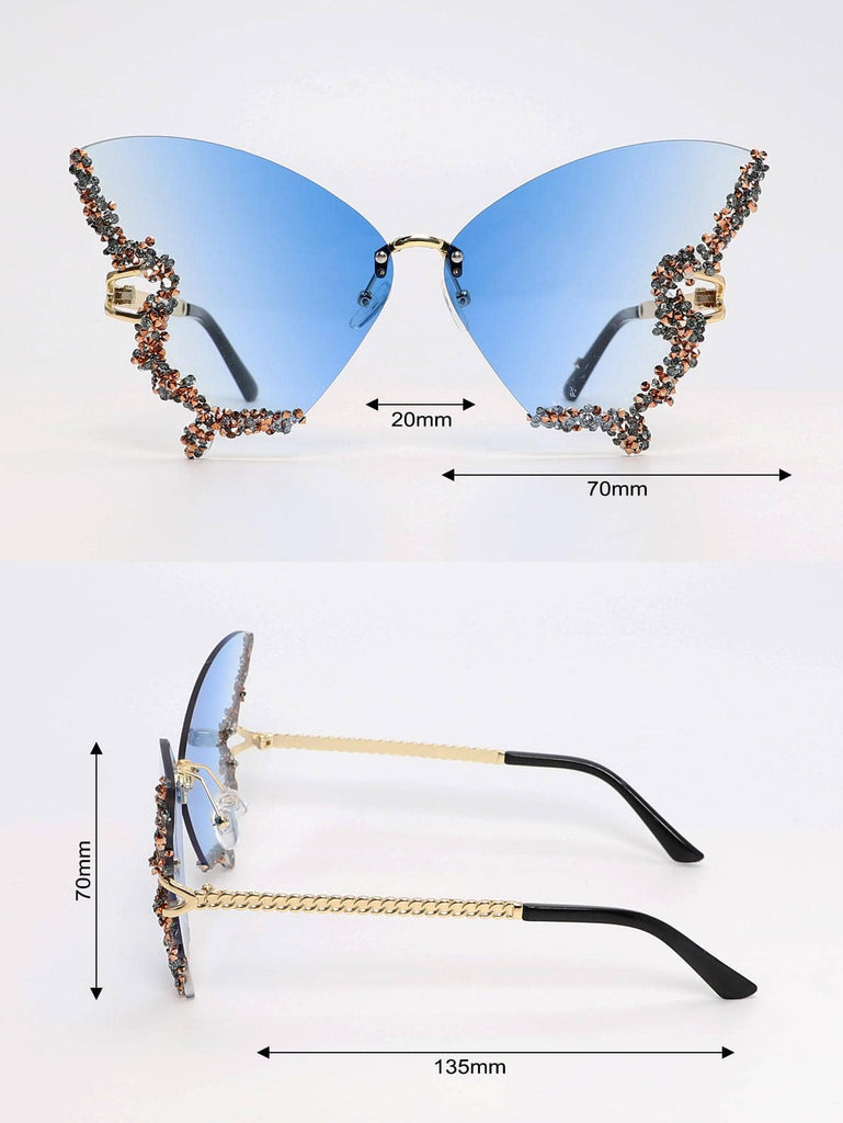 1pair Women Rhinestone Decor Butterfly Shaped Rimless Boho Fashion Glasses For Outdoor Travel - WorkPlayTravel Store
