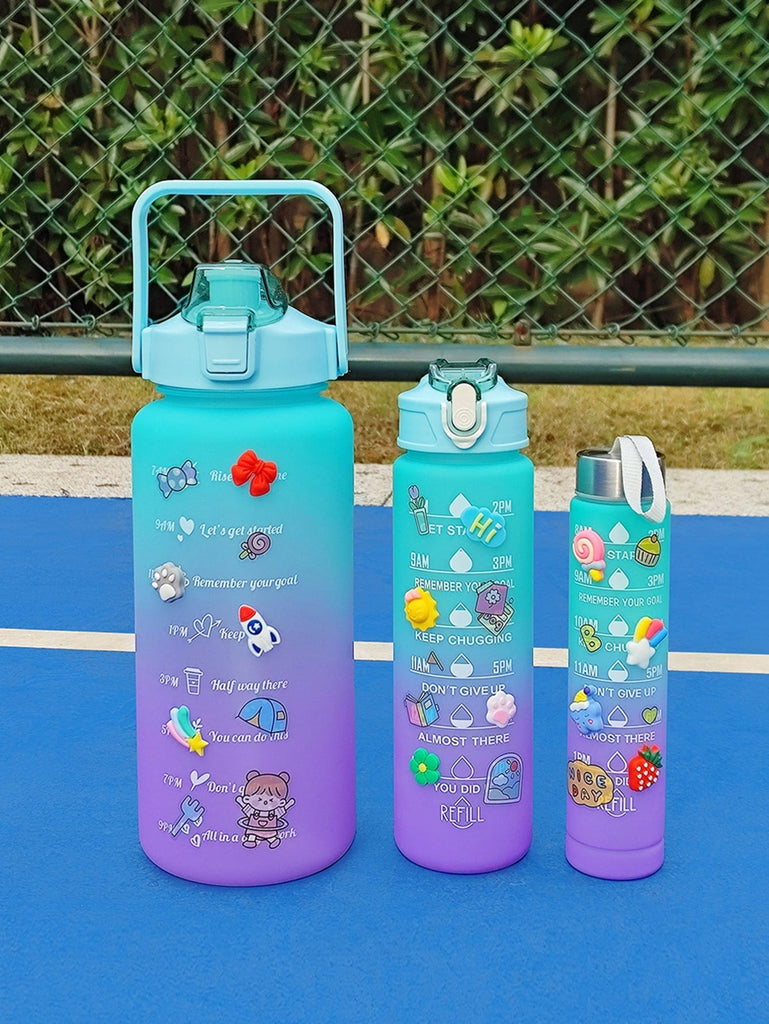 1pc 2L or 750ml or 300ml large capacity green gradient PC water bottle with 3D stickers sports and fitness portable straw cup suitable for outdoor travel - WorkPlayTravel Store