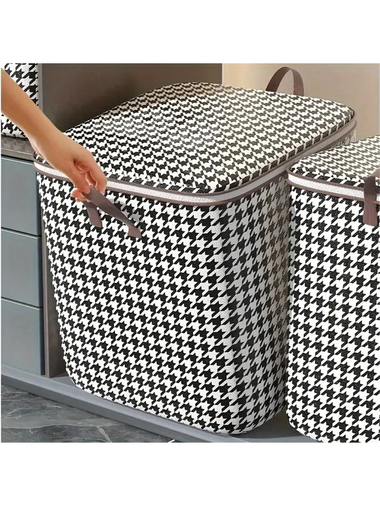 1pc Clothes Storage Bag Houndstooth Pattern Folding Fabric Storage Bag Large Capacity Waterproof Moisture proof Quilt Storage Bag Home Organization And Storage - WorkPlayTravel Store