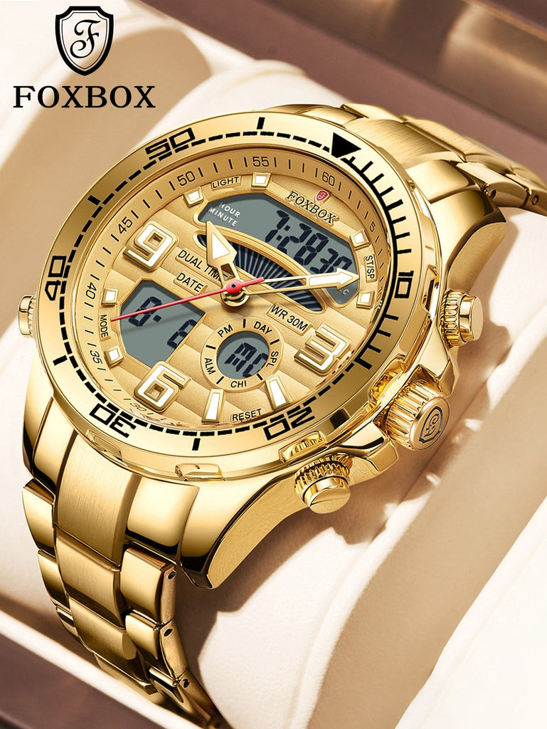 1pc Men Gold Stainless Steel Strap Fashionable 24 Hour Date Round Dial Digital Watch For Daily Life - WorkPlayTravel Store