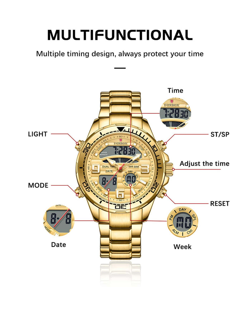 1pc Men Gold Stainless Steel Strap Fashionable 24 Hour Date Round Dial Digital Watch For Daily Life - WorkPlayTravel Store