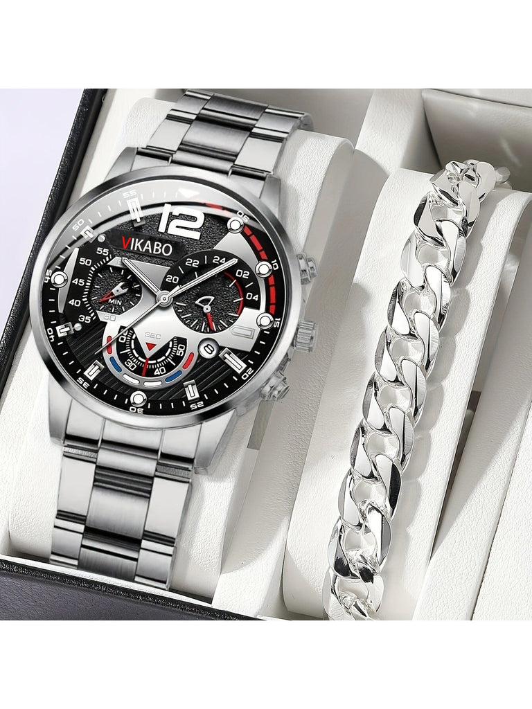 2pcs Luxury Sport Men Watch Bracelet Gift Set Business Stainless Steel Quartz Wristwatch For Casual Dress Reloj Masculino - WorkPlayTravel Store