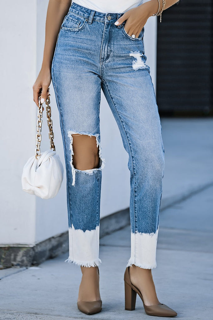 Contrast Distressed High Waist Jeans - WorkPlayTravel Store