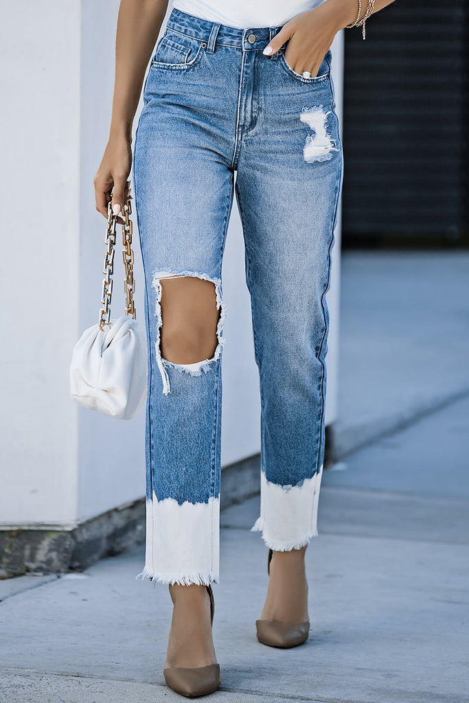 Contrast Distressed High Waist Jeans - WorkPlayTravel Store