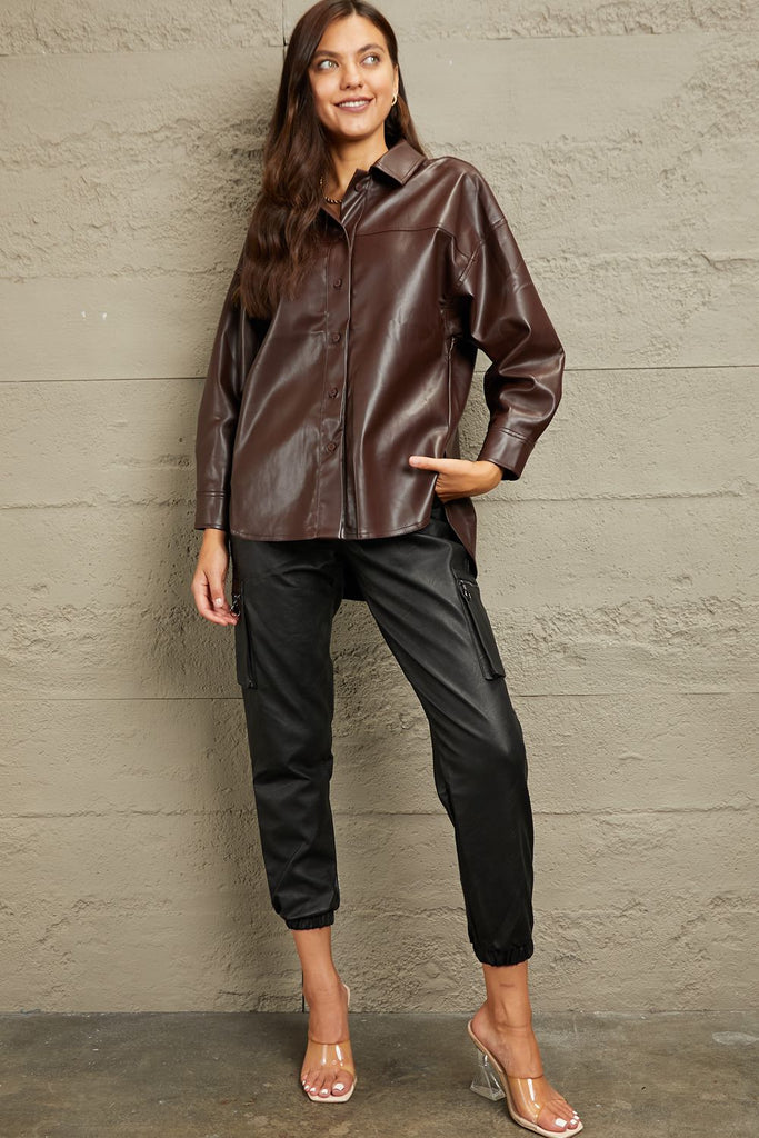 e.Luna Vegan Leather Button Down Shirt - WorkPlayTravel Store