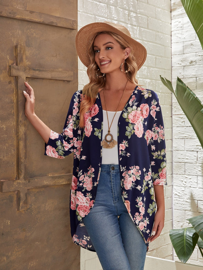 EMERY ROSE Floral Print Open Front Coat - WorkPlayTravel Store