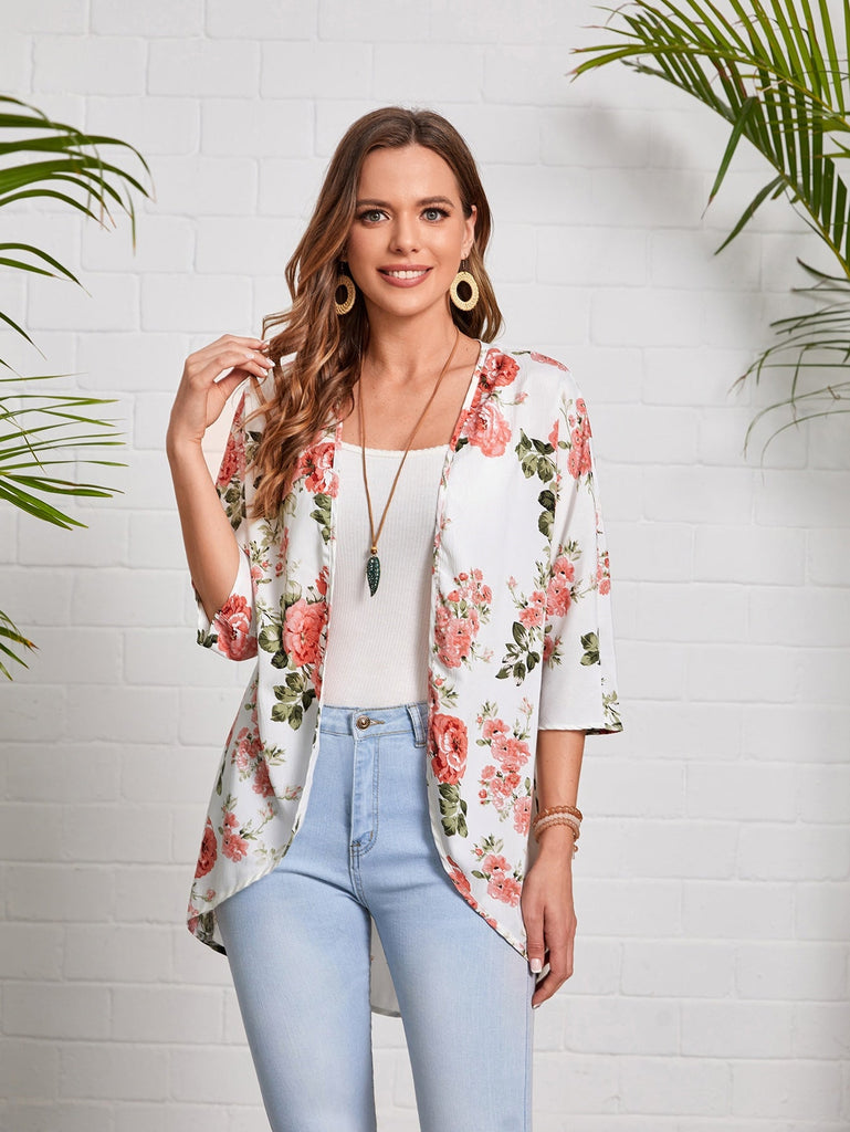 EMERY ROSE Floral Print Open Front Coat - WorkPlayTravel Store
