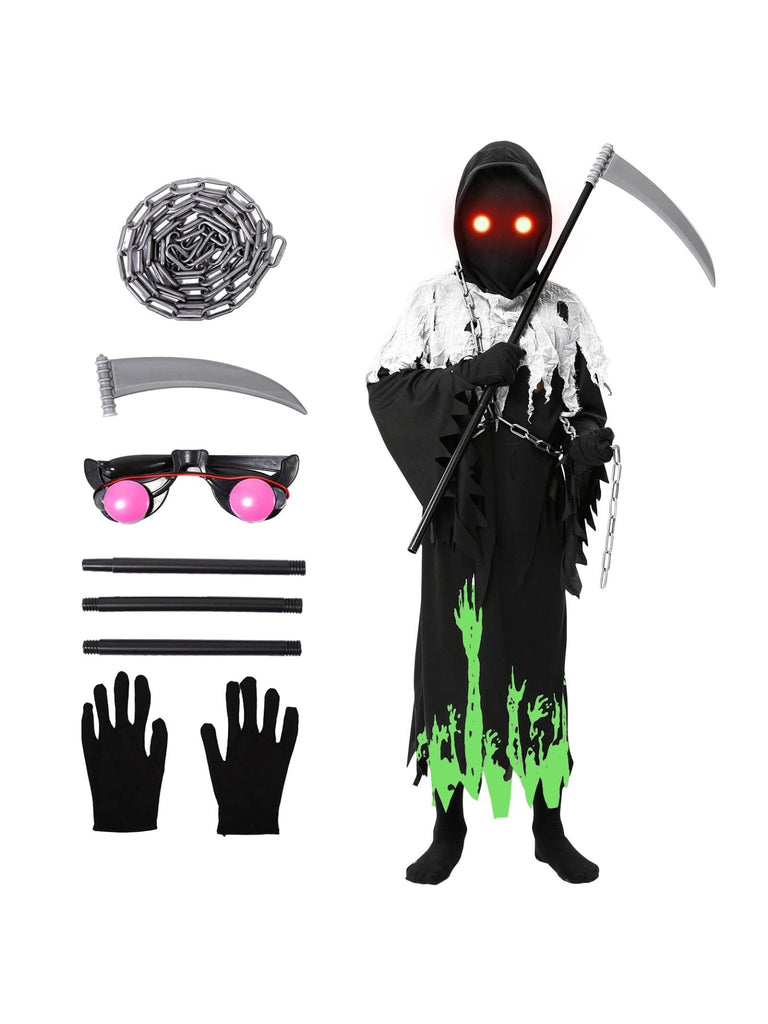 Grim and Reaper Costume for boys and Kids, Halloween Creepy Phantom Costume with Glowing Red Eyes Scythe Included - WorkPlayTravel Store