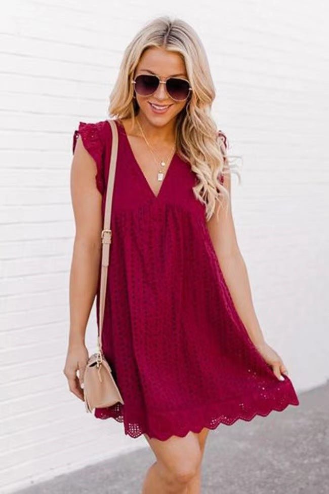 Lace Dresses With Pocket Summer Sleeveless Jacquard Cutout V-Neck Beach Dress - WorkPlayTravel Store