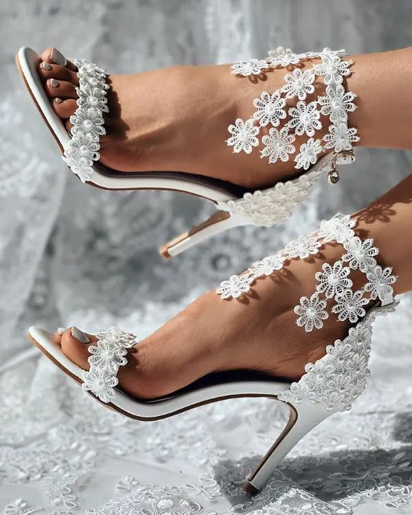 Lace Floral Tassel Pearls Ankle Strap Bridal Wedding Heels - WorkPlayTravel Store