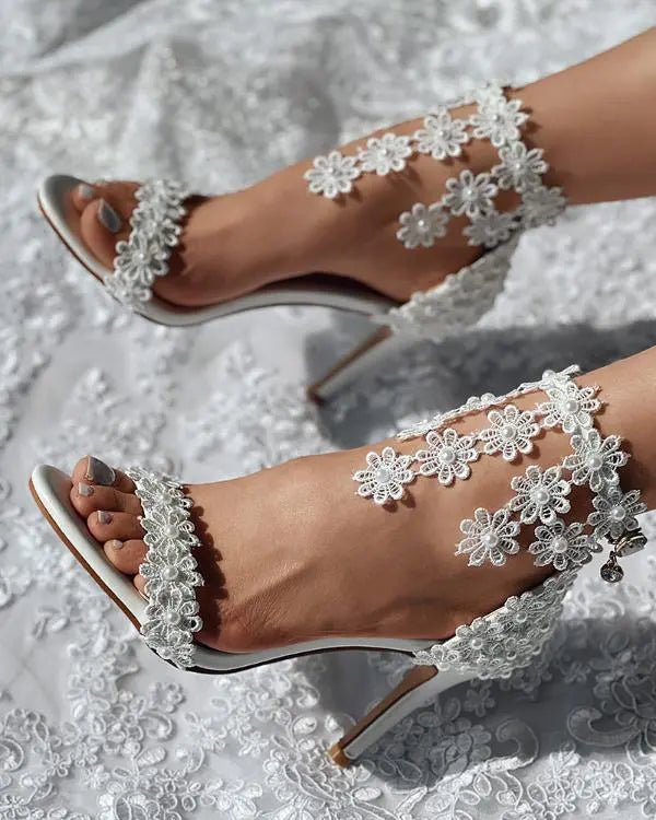 Lace Floral Tassel Pearls Ankle Strap Bridal Wedding Heels - WorkPlayTravel Store