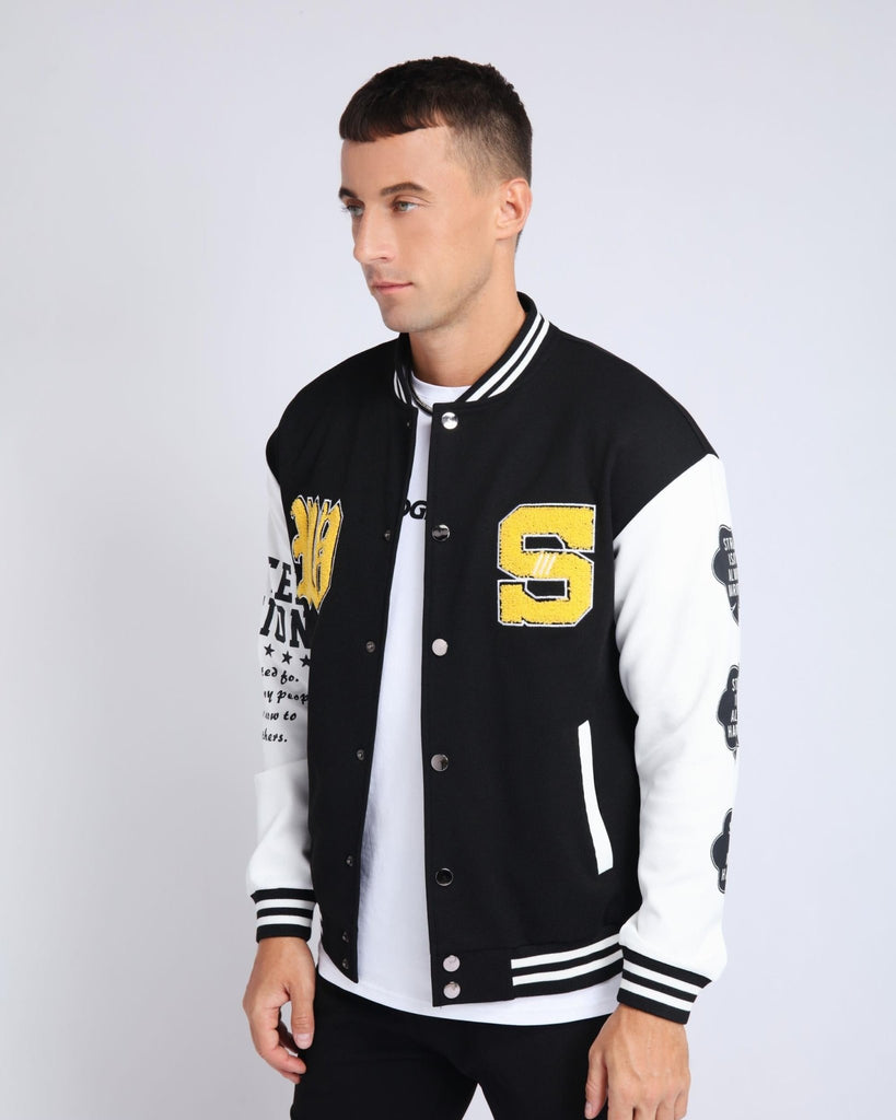 Letters Printed Striped Trim Baseball Jacket - WorkPlayTravel Store