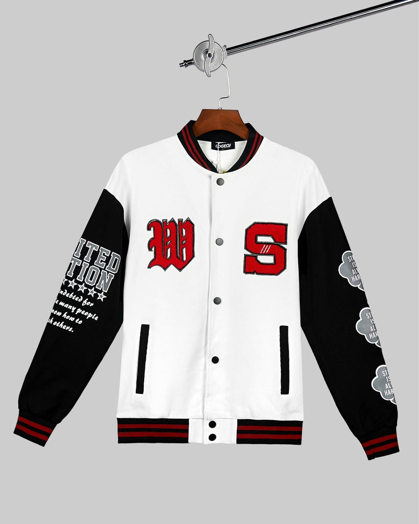 Letters Printed Striped Trim Baseball Jacket - WorkPlayTravel Store
