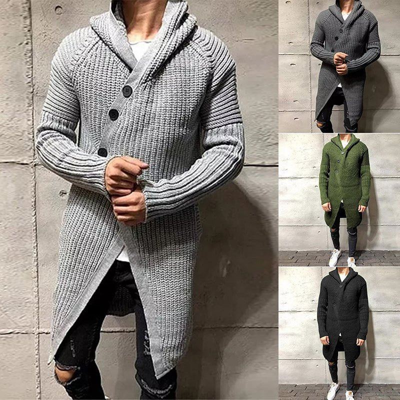 Long Knitted Hooded Sweater Coat Men Solid Color Button Casual Clothes - WorkPlayTravel Store