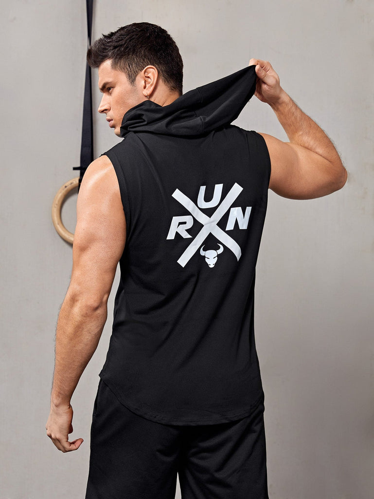 Men Bull Letter Graphic Hooded Sports Tank Top - WorkPlayTravel Store
