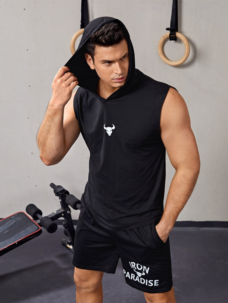 Men Bull Letter Graphic Hooded Sports Tank Top - WorkPlayTravel Store
