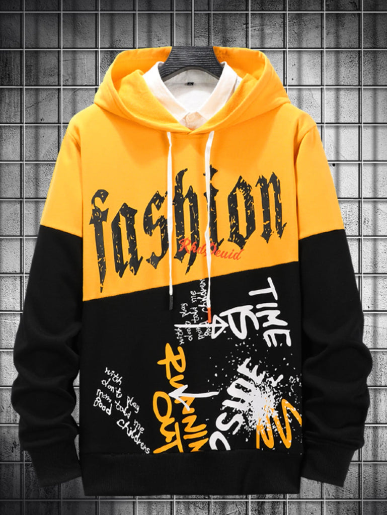 Men Colorblock Letter Graphic Drawstring Hoodie - WorkPlayTravel Store