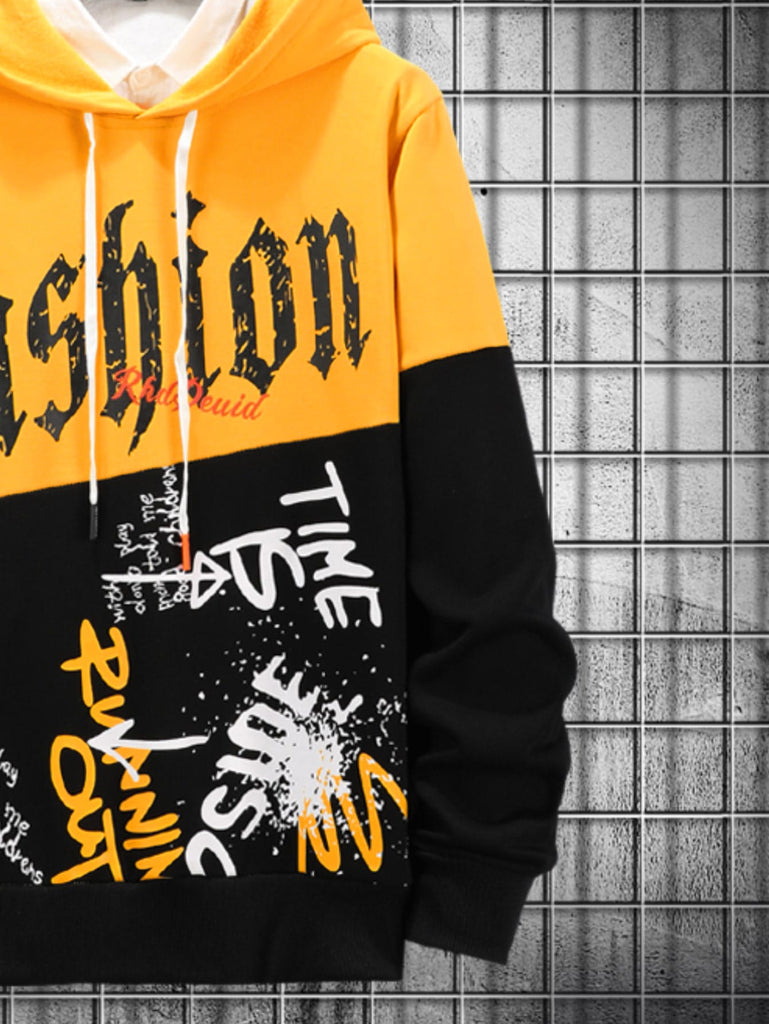 Men Colorblock Letter Graphic Drawstring Hoodie - WorkPlayTravel Store