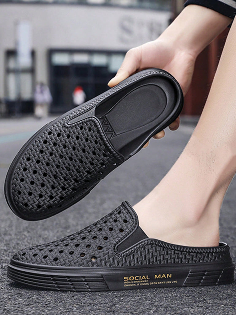 Men Letter Graphic Hollow Out Design Clogs, Black Outdoor EVA Vented Clogs - WorkPlayTravel Store