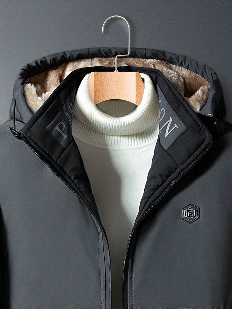 Men Letter Patched Detail Teddy Lined Hooded Winter Coat Without Sweater - WorkPlayTravel Store