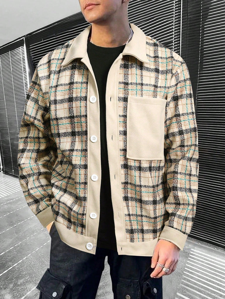 Men Plaid Print Pocket Patched Overcoat - WorkPlayTravel Store