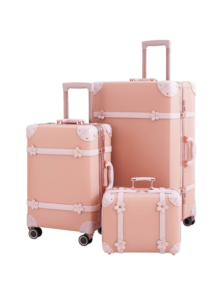 NZBZ Cute Vintage Luggage Sets with TSA Lock 3 Piece Luxury Retro Trunk Hardside Trolley Suitcase for Women Champagne White 14inch 20inch 28inch - WorkPlayTravel Store