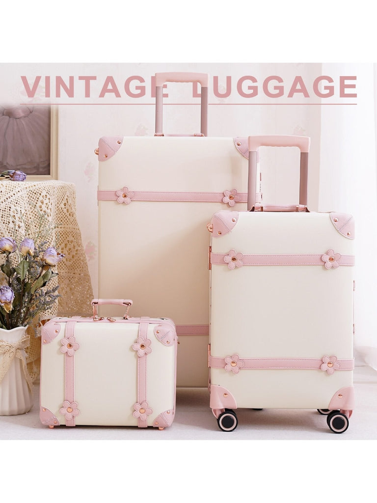 NZBZ Cute Vintage Luggage Sets with TSA Lock 3 Piece Luxury Retro Trunk Hardside Trolley Suitcase for Women Champagne White 14inch 20inch 28inch - WorkPlayTravel Store